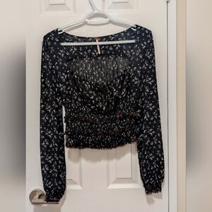 Free People Black Floral Smocked Printed Lolita Blouse Top Peasant Bohemian XS